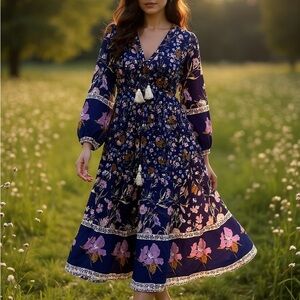 Chic Navy Floral Long Sleeve Dress